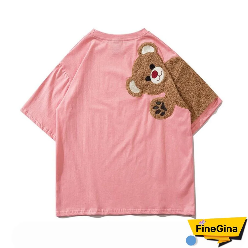 Summer Women T Shirts 100% Pure Cotton T-Shirt Short Sleeve Embroidery Bear Cute Kawaii Tee O-Neck Loose Couple Clothes Top
