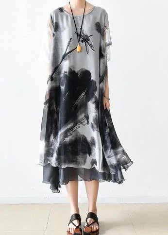 Summer Grey Print Chiffon Women Short Sleeve Dress