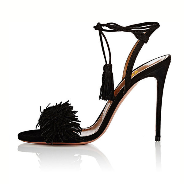 GOOSHOE Black Fringe Tassel Stiletto Heels Sandals