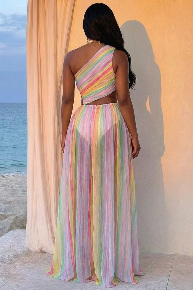 One Shoulder Cut Out Ruffle High Slit Maxi Dresses-Multicolor [Pre Order]