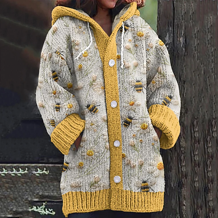 Daisy Bee Embroidery Art Print Cozy Knit Hooded Cardigan