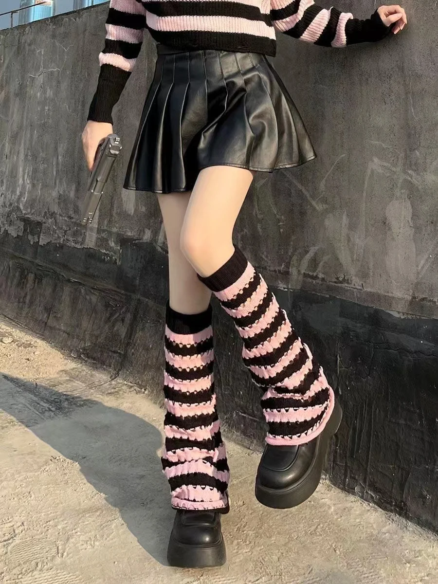 Ueong Ueong Pink Stripe Hole Hollow Out Breathable Pile Pile Socks Set Jk Hot Girl Spring And Autumn Winter Wide Leg Knitting In Tube Socks Set