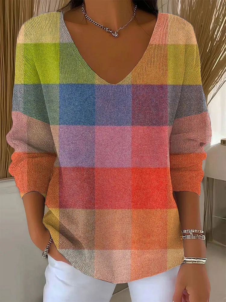 Women's Vintage Abstract Plaid Art Print Casual Pullover Sweater