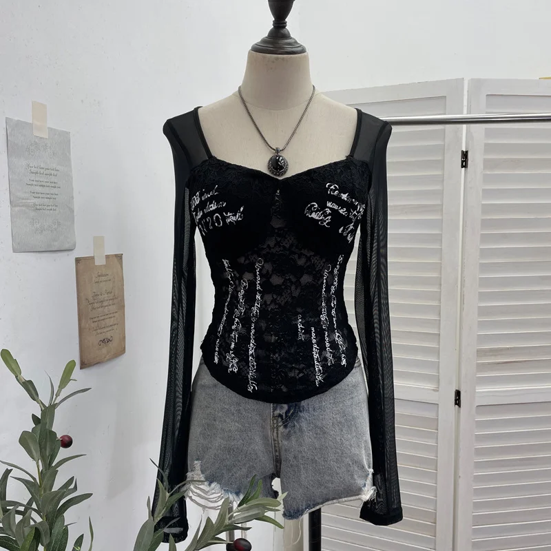 Nigikala Nigikala Shot With Chest Pad Hottie Letter-Print Lace Splicing Mesh T-Shirt T-Shirt 6231