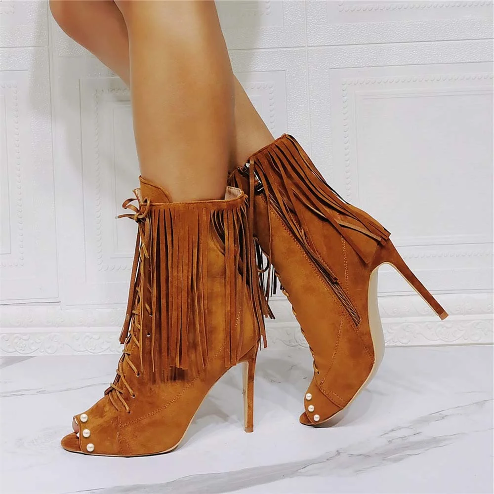 Brown Stiletto Heel Lace-Up Fringed Open Toe Ankle Boots