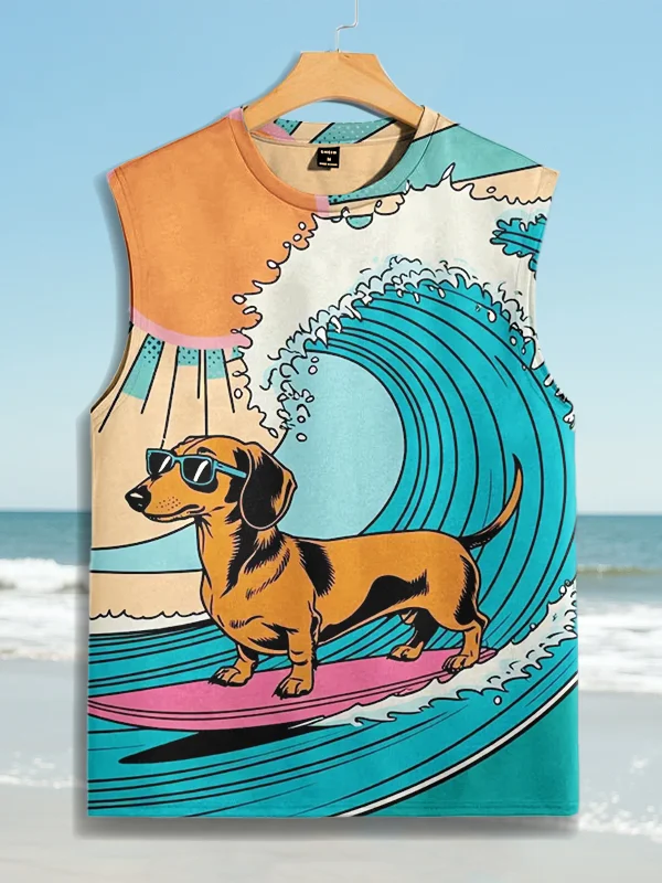 Men's Dachshund Surfing Print Tank Top