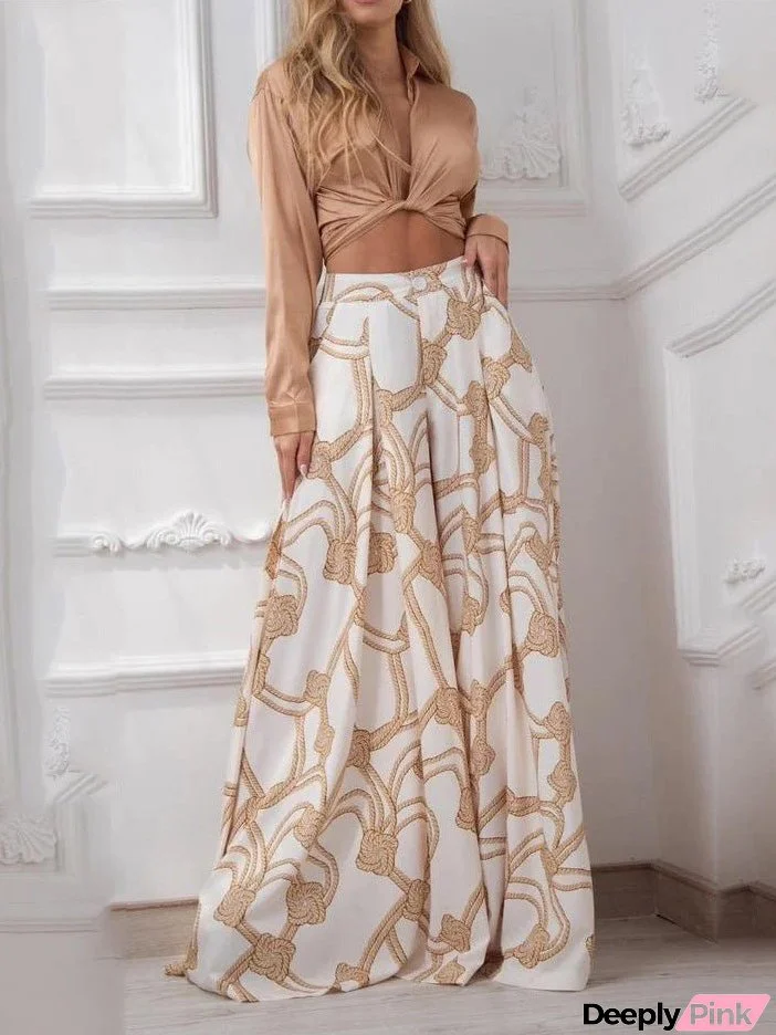 Women's Sets Printed Lace-Up Shirt & Wide Leg Pants Two-Piece Set