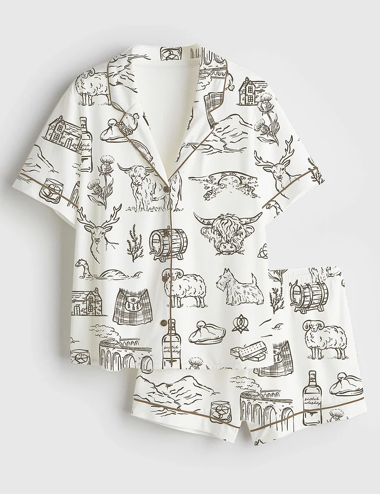 Women&rsquo;s Scotland Whimsical Style Scottish Highlands Whisky Castles And Love On The Moors Short Sleeve Satin Pajama Set