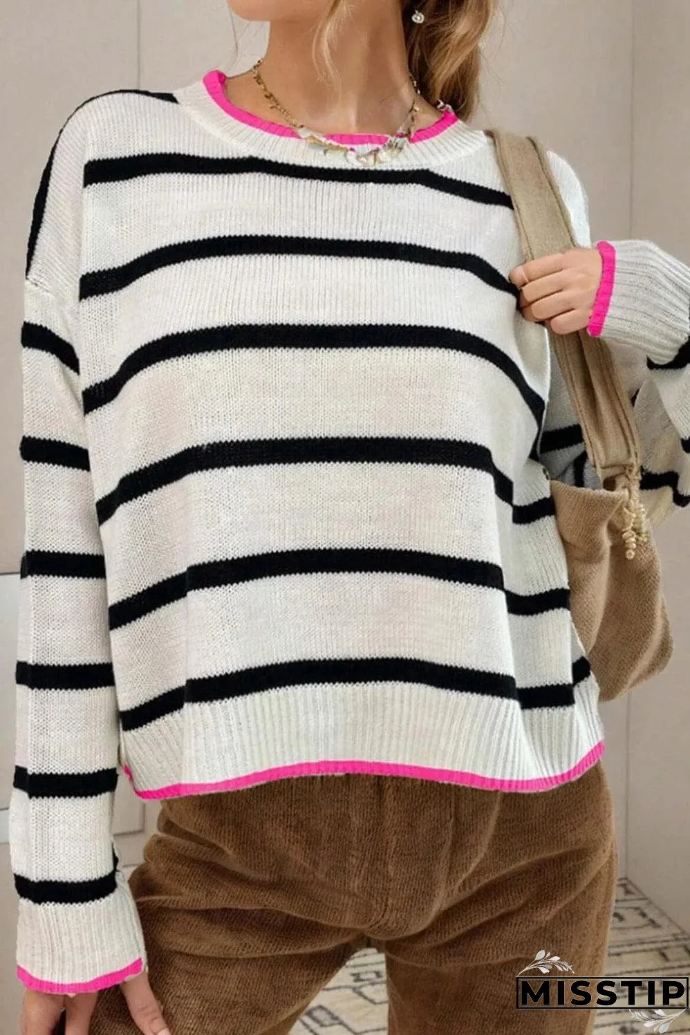 White Stripe Color Contrast Drop Shoulder Crew Neck Sweater