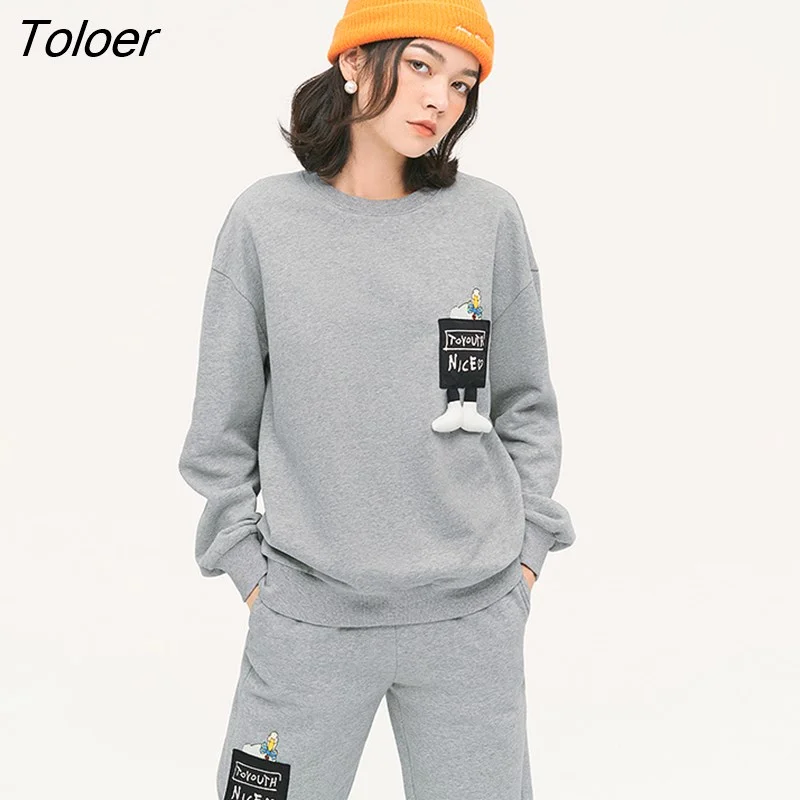 Toloer Women Fleece Sweatshirt 2022 Autumn Long Sleeve O Neck Loose Hoodie 3D Duck Claw Print Gray Casual Streetwear Pullover