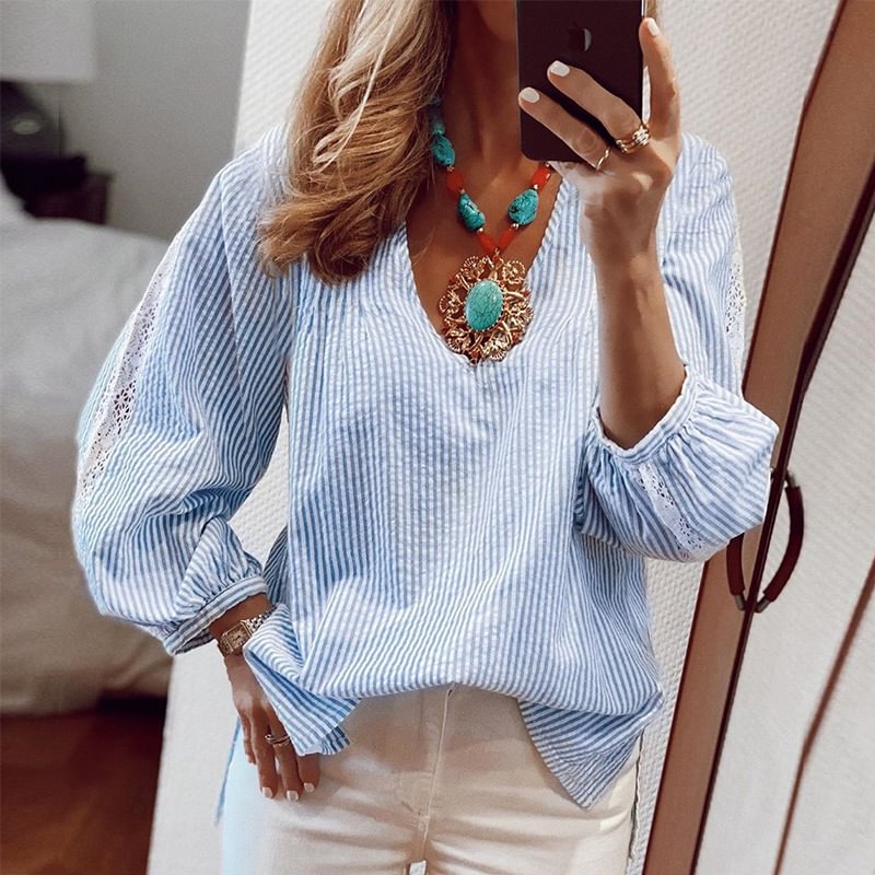 Casual Striped Lace Panel Blouse