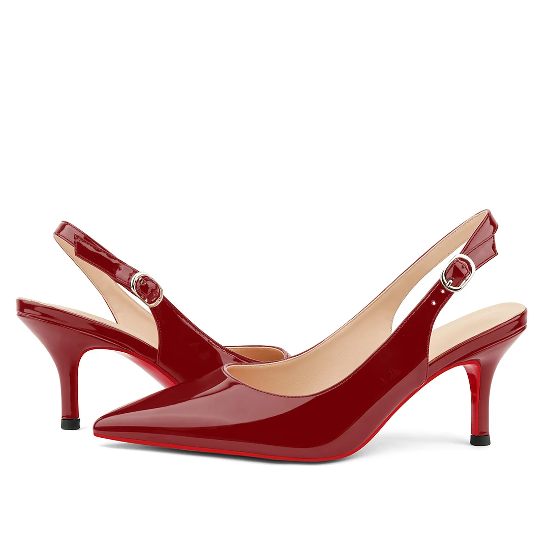 2.36" Women's Pointed Toe Red Bottom Sandals Slingback Shoes Kitten Heel Pumps Patent-MERUMOTE