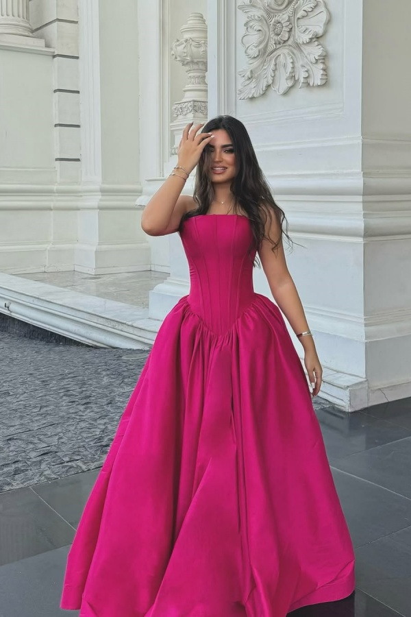 Oknass Chic Sleeveless Strapless Long A Line Prom Dress With Pleated
