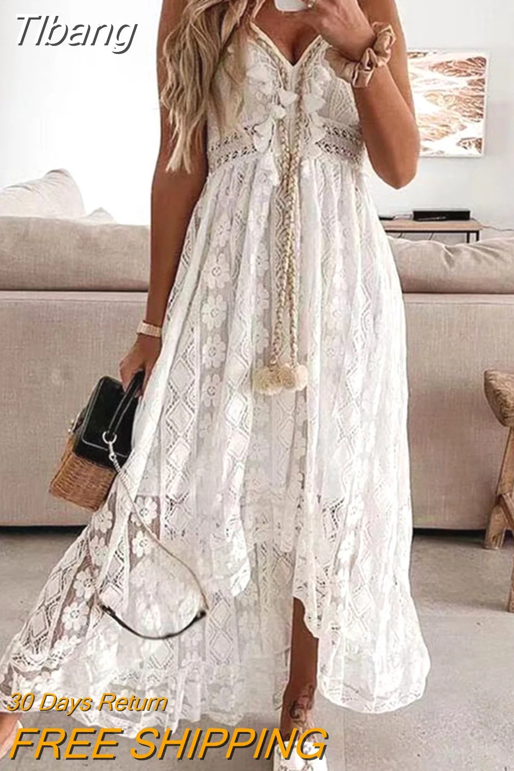 Tlbang Lady Summer Lace Dress Holiday V Neck Spaghetti Strap Sundress Boho White Maxi Dress for Women Vestidos De Mujer 22194