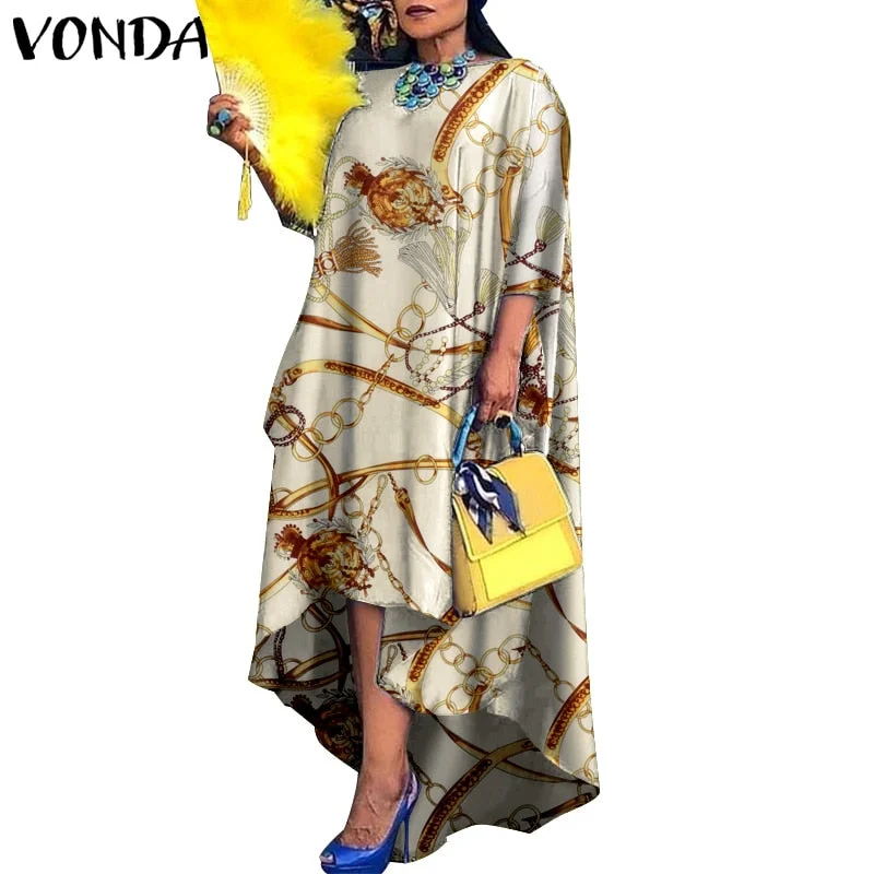 Women Dress 2022 VONDA Vintage Printed Asymmetric Party Long Maxi Dress Femme Robe Beach Sundress Casual Vestido Plus Size Robe