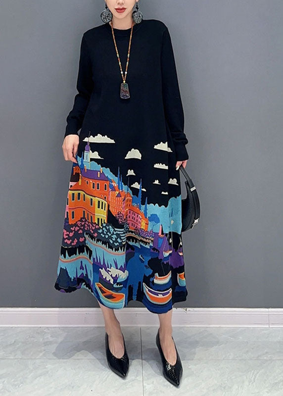 VCSHOES Black O-Neck Print Knit Long Sweater Dresses Fall