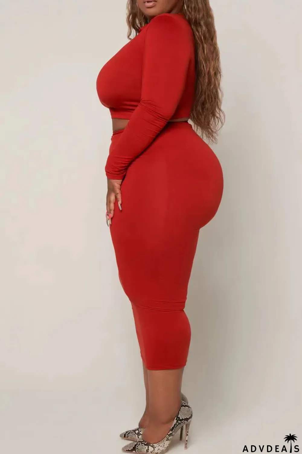 Red Casual Solid Split Joint O Neck Plus Size Two Pieces