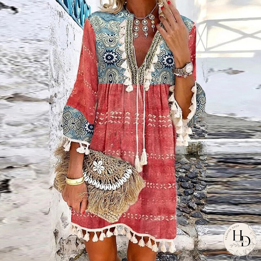Vintage Boho Print Mini Dress Ladies Summer Casual Long Sleeve V-Neck Lace-up Dress Women Fashion Fringe Patchwork Loose Dresses