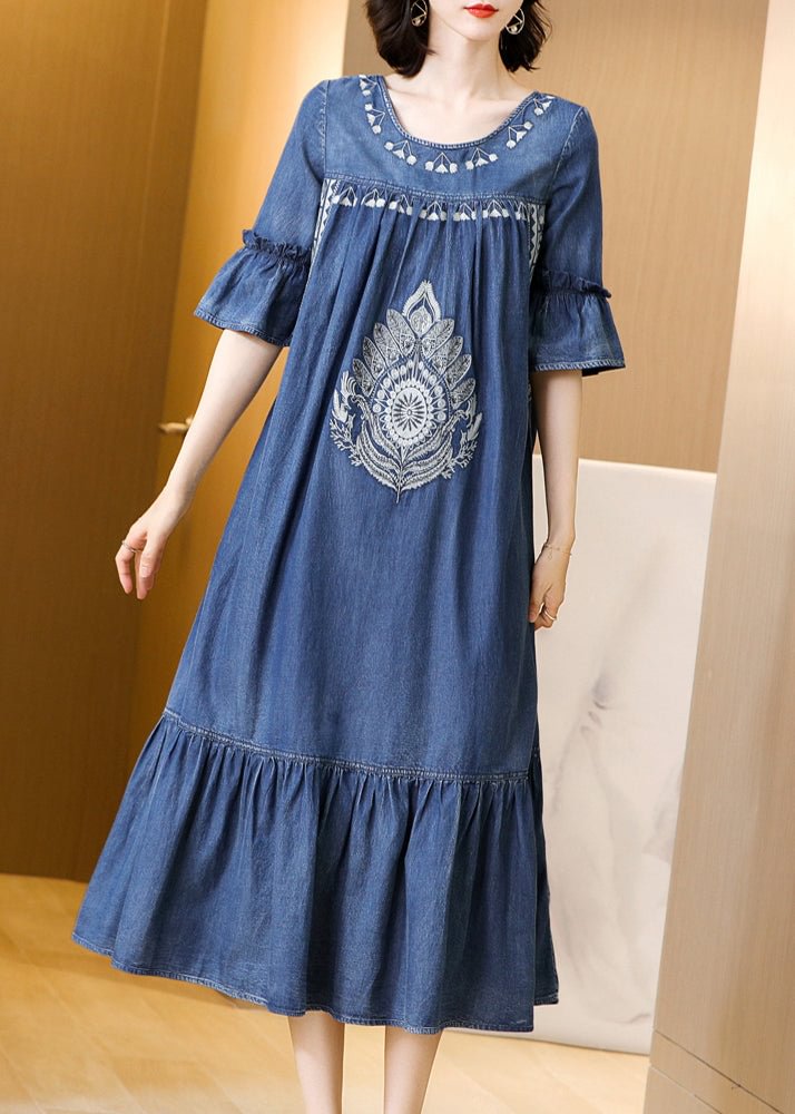 Fitted Blue O-Neck wrinkled Embroideried Cotton Denim Dress Short Sleeve CK1729- Fabulory