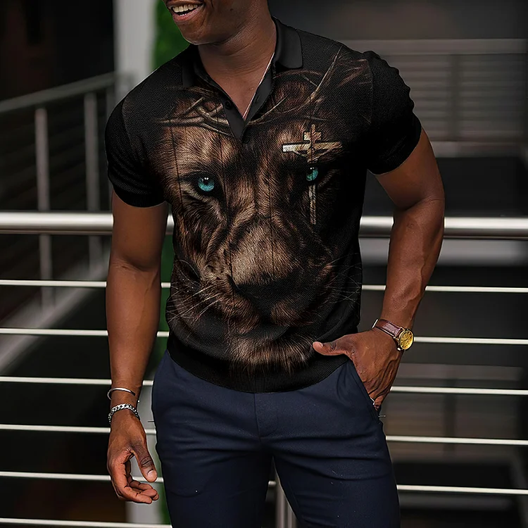BrosWear Fashion Lion Of Faith Print Short Sleeve Polo Shirt