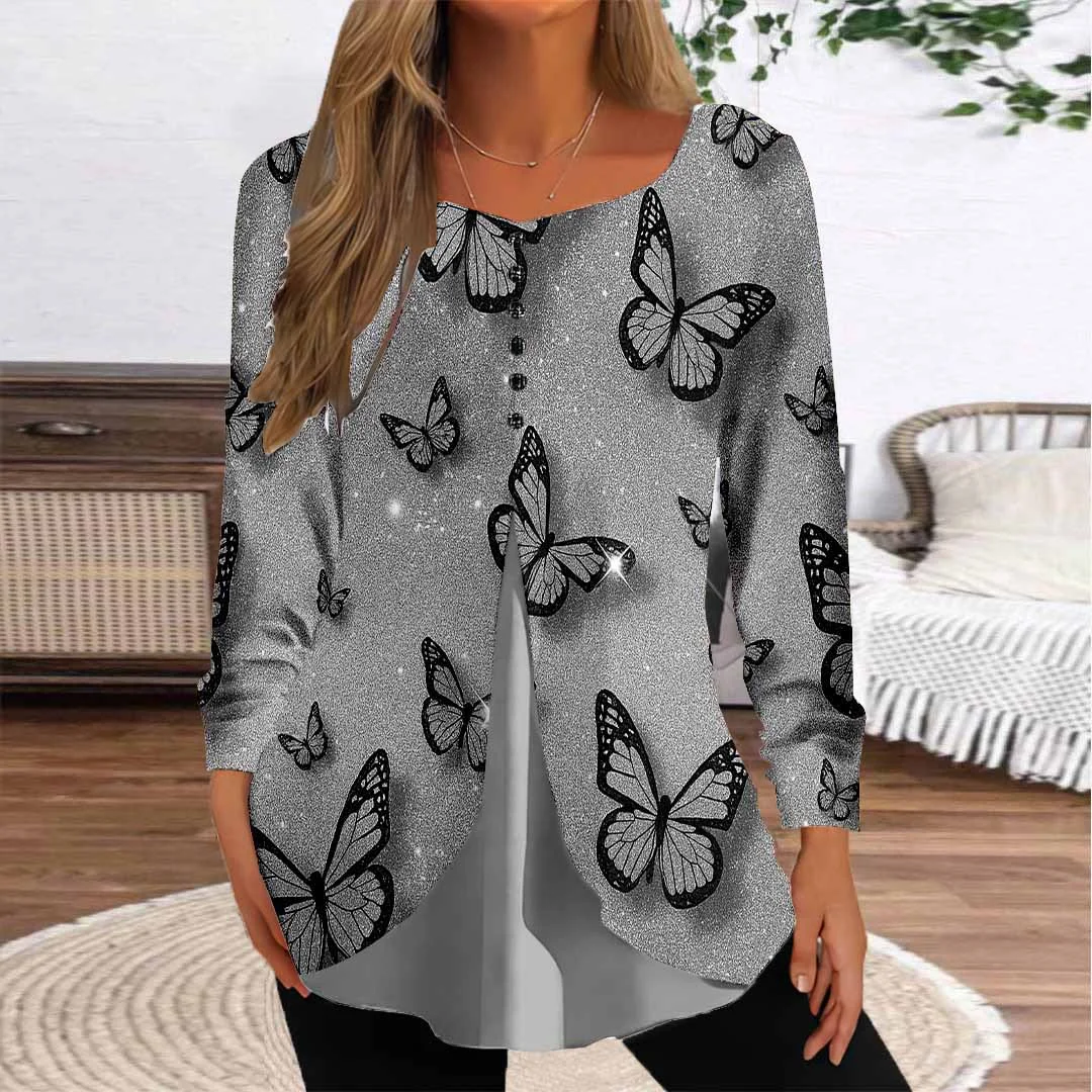 Women Graphic,Black DZGG8337 Long Sleeve Scoop Neck Printed Graphic Button Fake 2in1 Tops