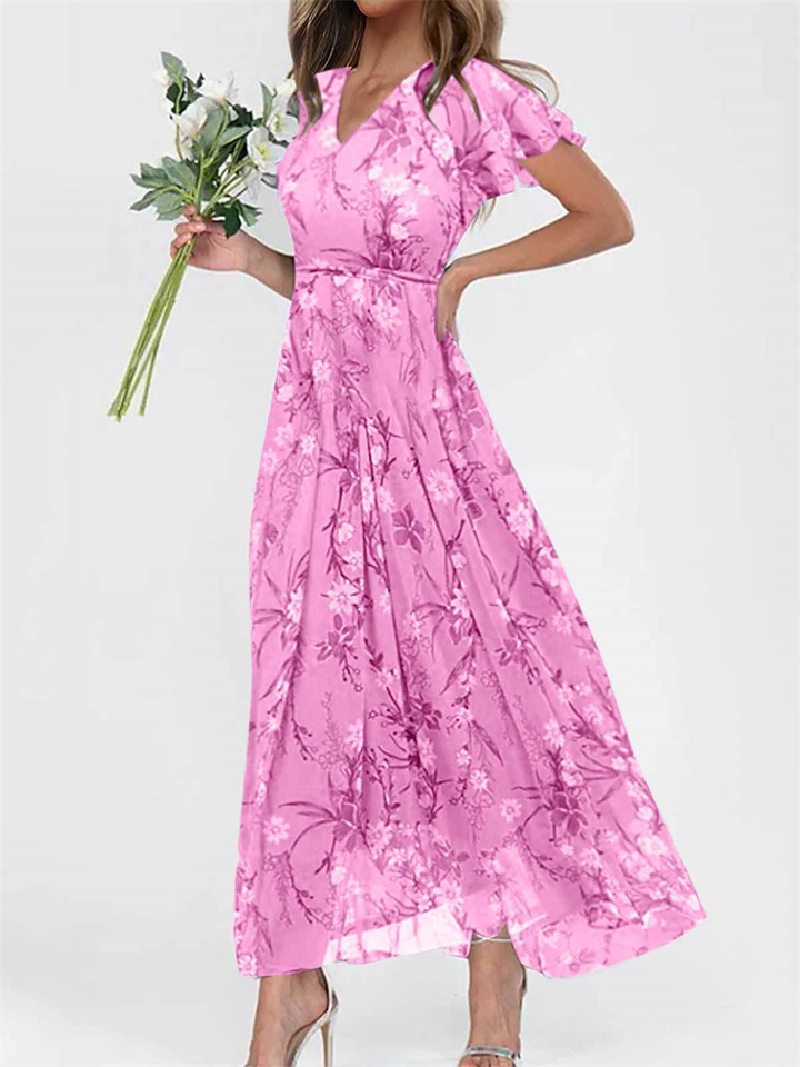 Explosive Dresses Plus Size Women's Fashion Sexy Dress Chiffon V-neck Printed Long Dresses
