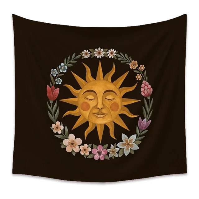Bee Butterfly Flower Plant Tapestry Wall Hanging Black Background Cloth Moon Sun Tapestry For Farmhouse Decoration tapestry