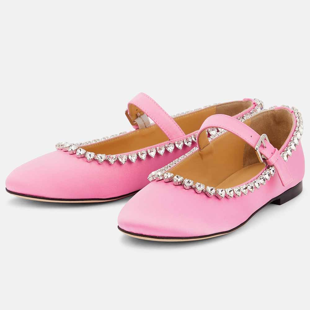 Pink Satin Closed Toe Flat Mary Jane with Heart Rhinestone Nicepairs