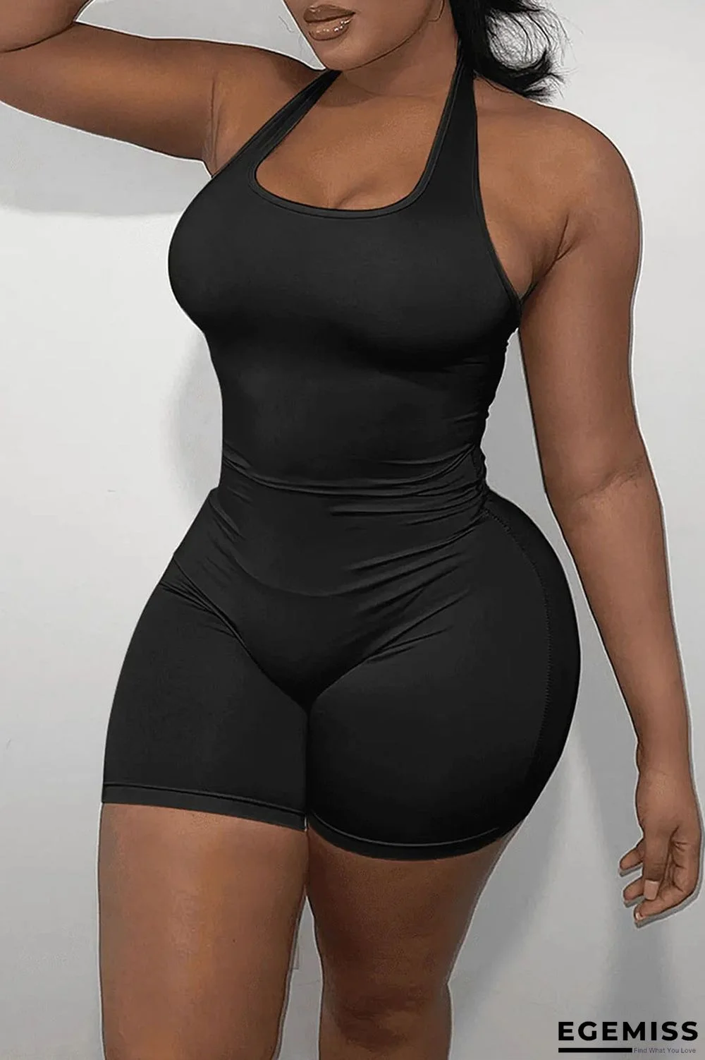 Black Casual Sportswear Solid Patchwork Halter Plus Size Jumpsuits | EGEMISS