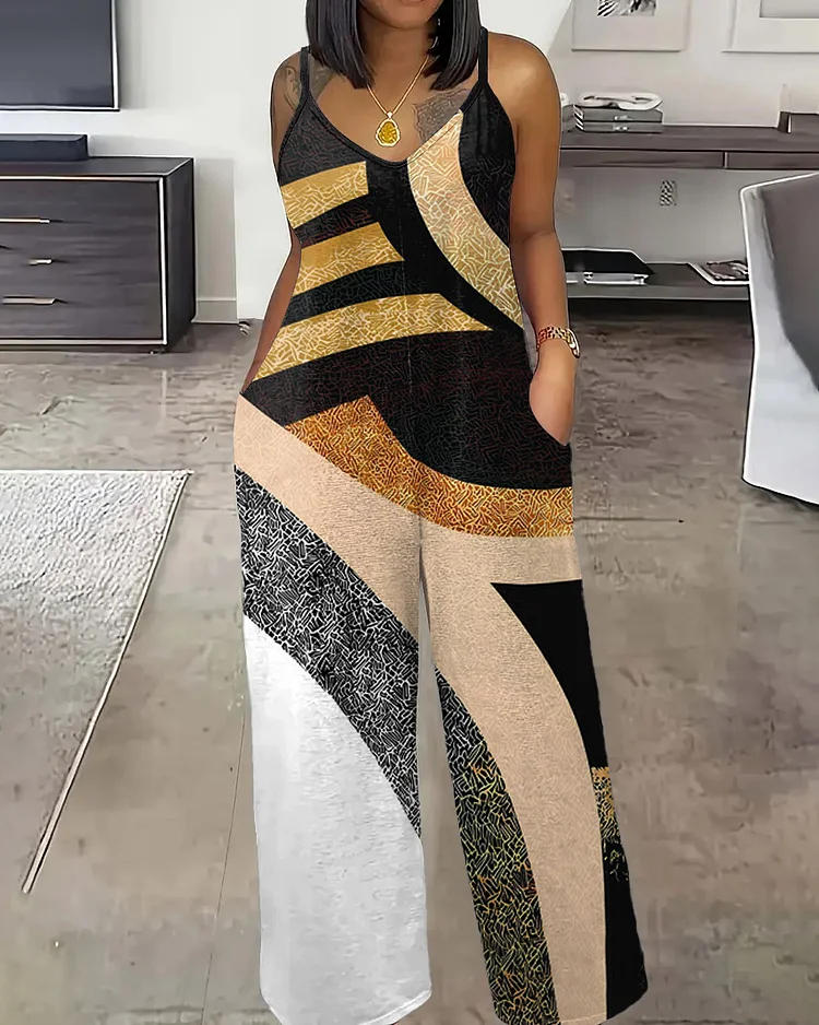 Irregular Stripes Sleeveless Straight Jumpsuit