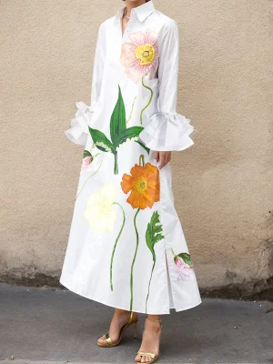 Image of A-Line Flared Sleeves Floral Printed Split-Joint Split-Side Lapel Collar Maxi Dresses Shirt Dress