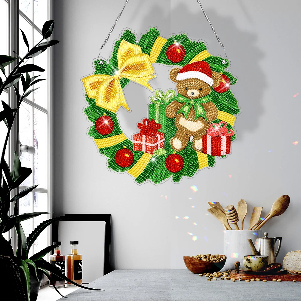 DIY Christmas Bear Wreath Acrylic Single Side Special Shaped Diamond Painting Hanging Ornament