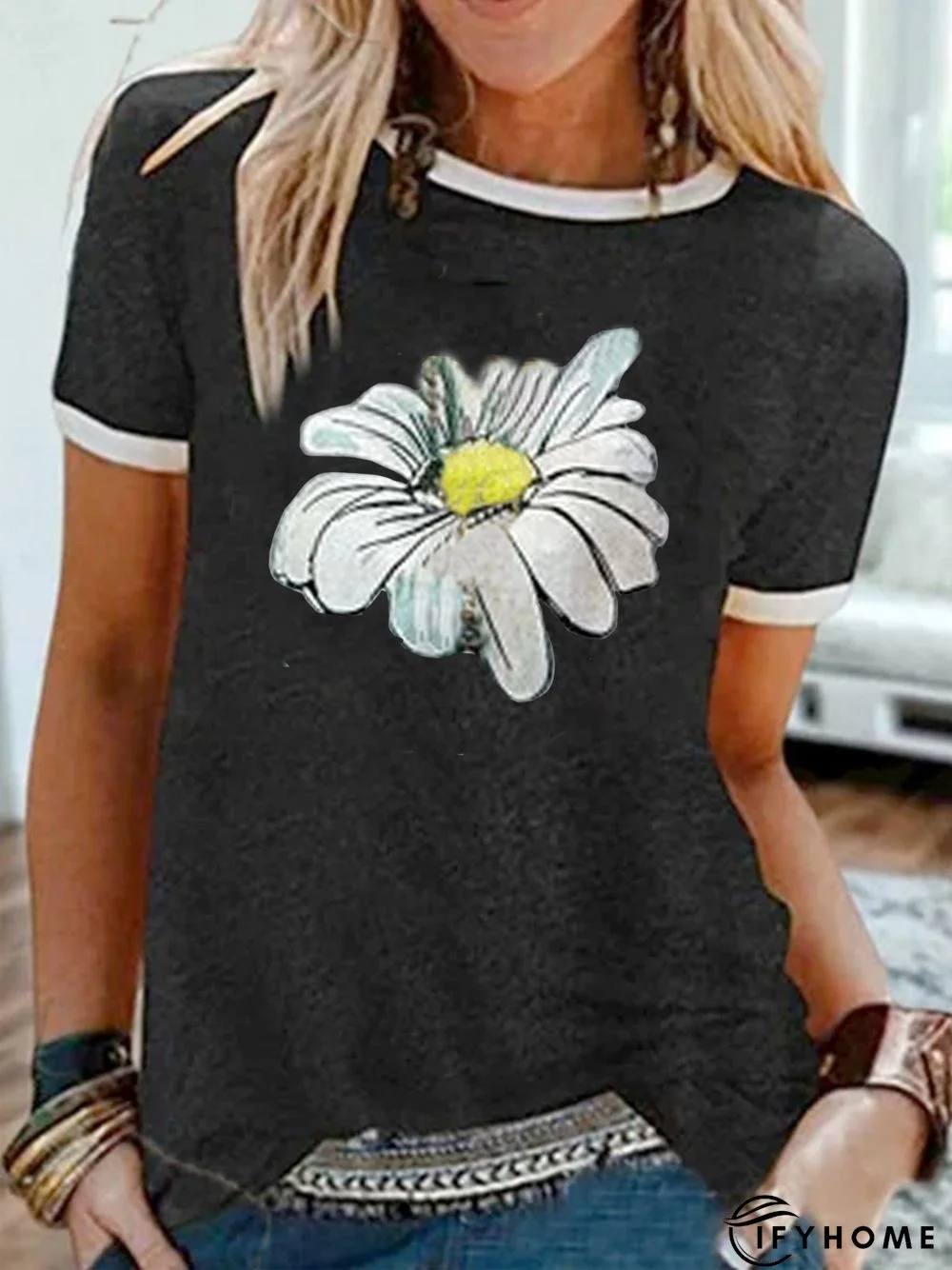 Casual short sleeve round neck chrysanthemum top | IFYHOME