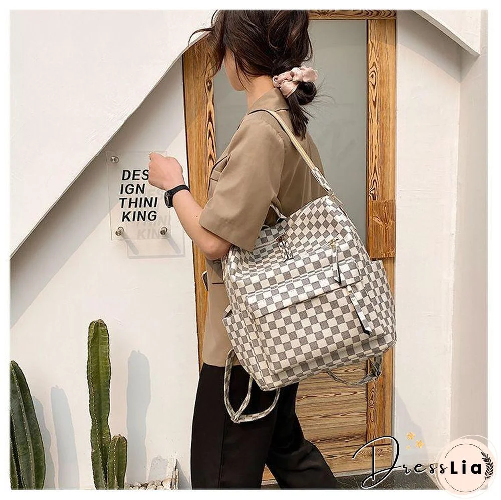 Retro Faux Leather Check Pattern Print Rucksack Vegan Backpack Tote