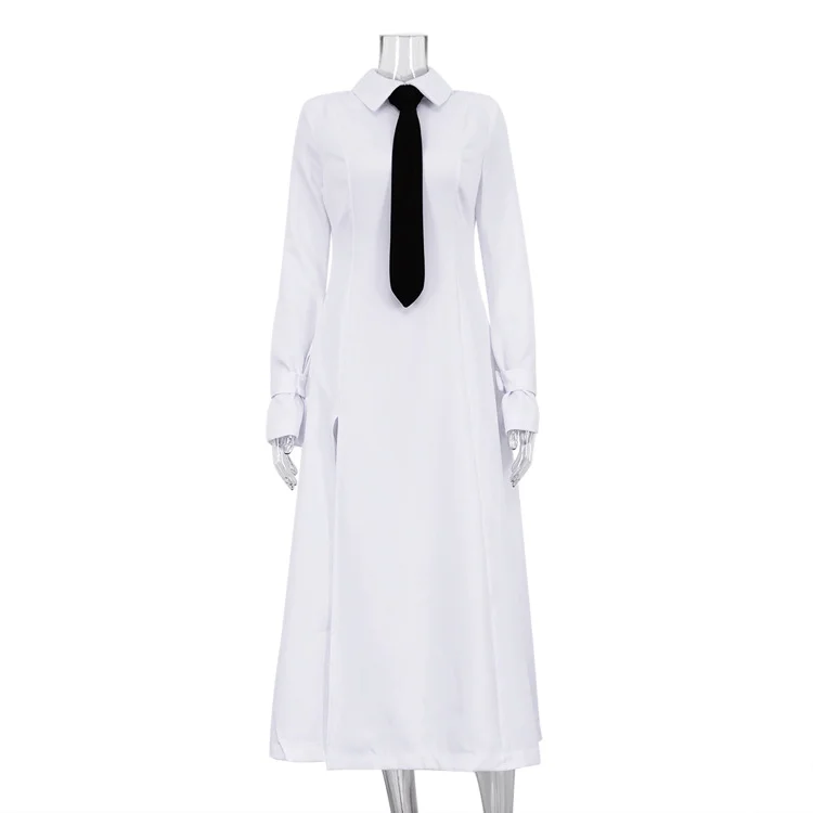 Ueong Ueong Women's Wear Early Spring 2024 New Temperament College Wind Lapel Long Sleeve Split Dress Tie Long Skirt