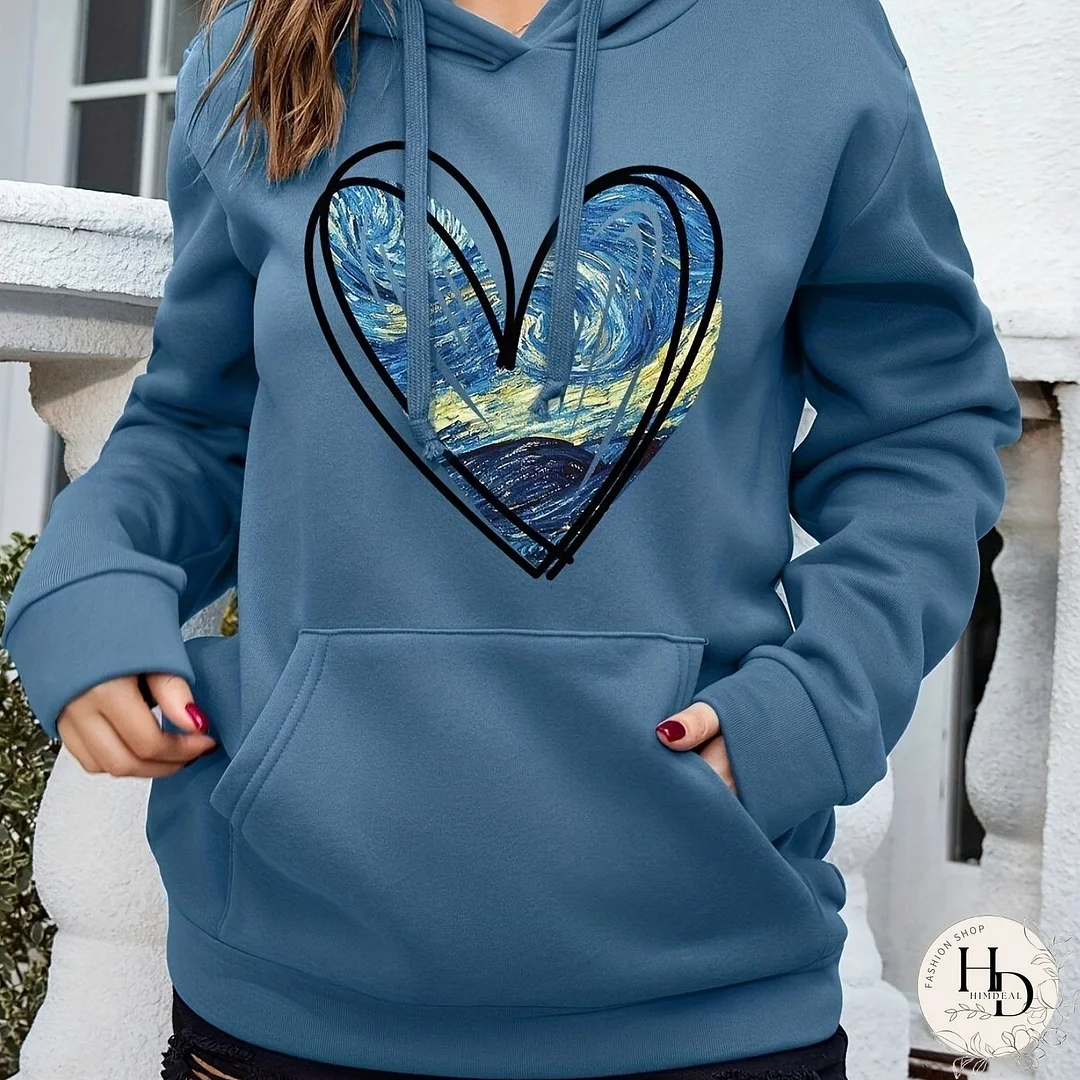 Heart Print Kangaroo Pocket Hoodie, Casual Long Sleeve Drawstring Hoodie Sweatshirt, Women's Clothing