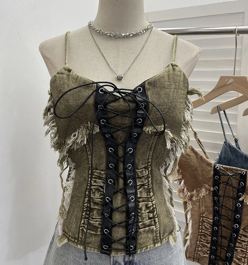 Zingj Real Shooting Do The Old Fur Side Of The Denim Splicing Pu Skin Lace Sling Vest Short Without Sleeve Top 618