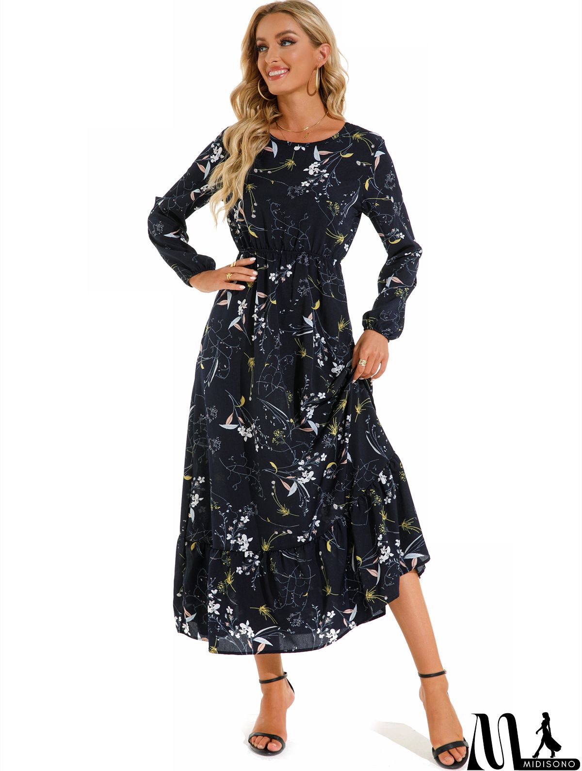 MidiSono - Women Fashion Casual Floral Print Round Neck Long Sleeve Maxi Dress