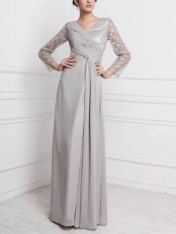 V-Neck Lace Solid Color Long-Sleeved Maxi Dress