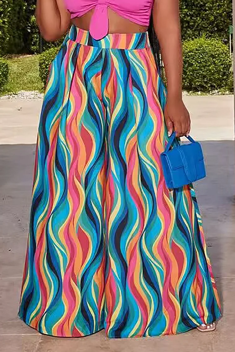 Multicolor Wavy Print Wide Leg High Waist Pants-Blue