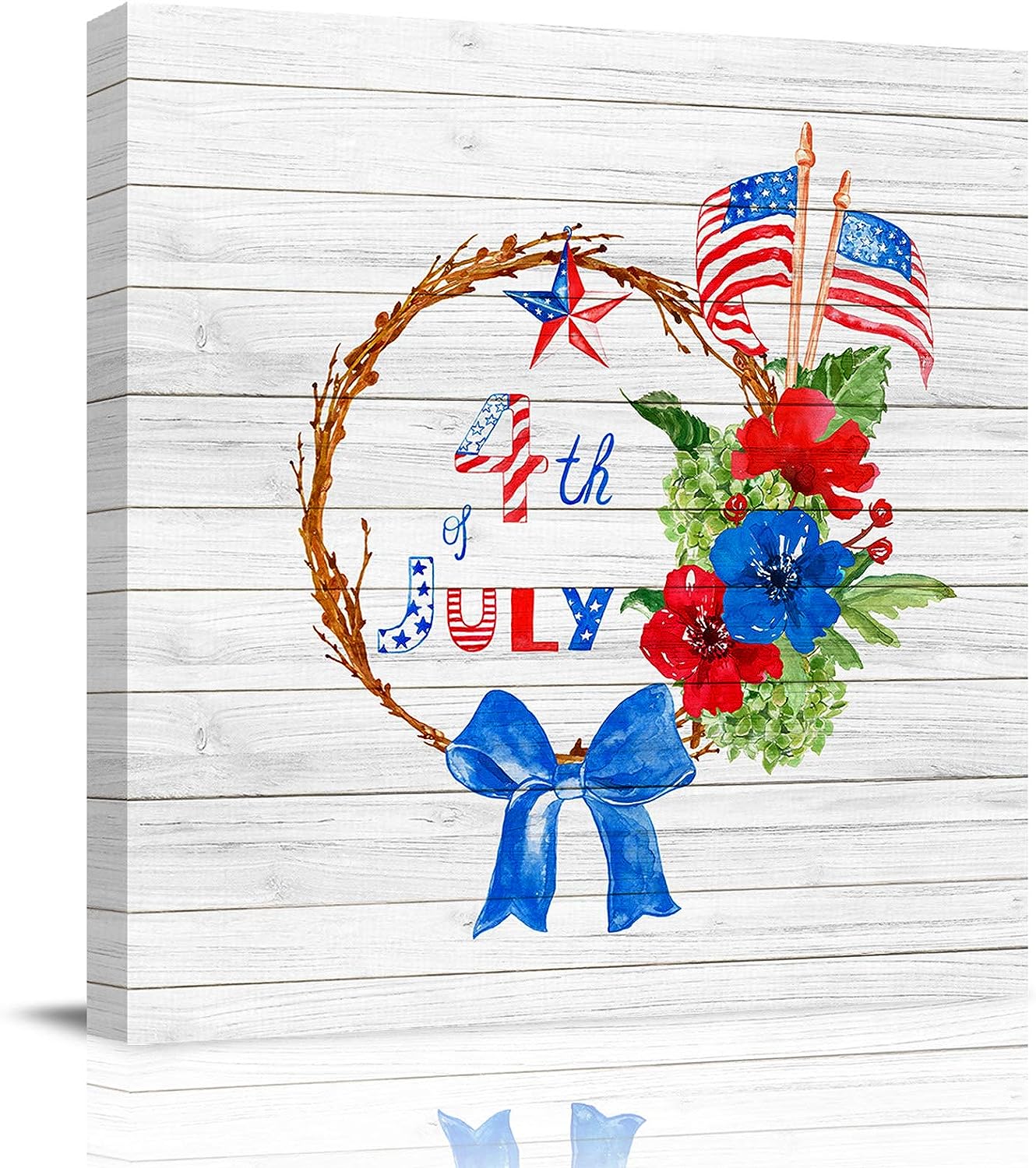 Print Canvas Wall Art for Living Room Bedroom Bathroom, Flag Day Garland on Wood Grain Canvas Picture Framed Wall Art, Gallery Wrap Poster Art for Home Decor 8 inch x8 inch  8&#034;x8&#034;