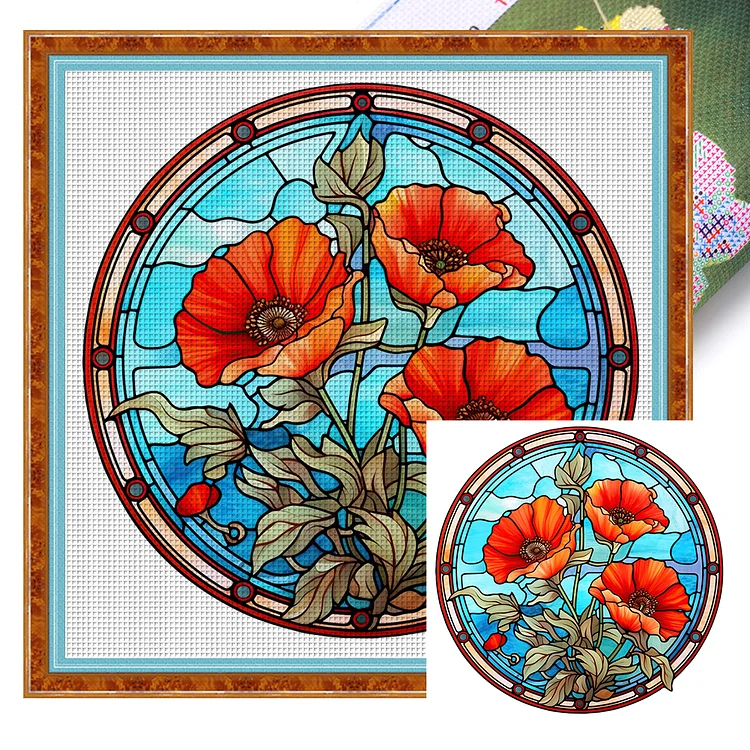 Glass Art-Poppy Flower - Printed Cross Stitch 18CT 25*25CM
