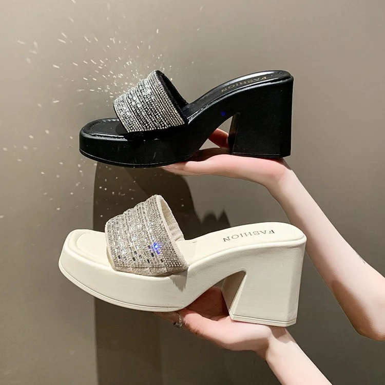 Wongn Wongn Summer New Fashion Women's Shoes Water Diamond One-Word Waterproof Platform Thick With Cool Drag High Heel Slippers Female