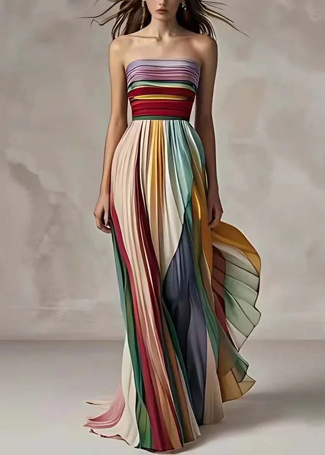 Slim Fit Striped Cold Shoulder Wrinkled Long Dress Sleeveless(Ships in 20 Days)