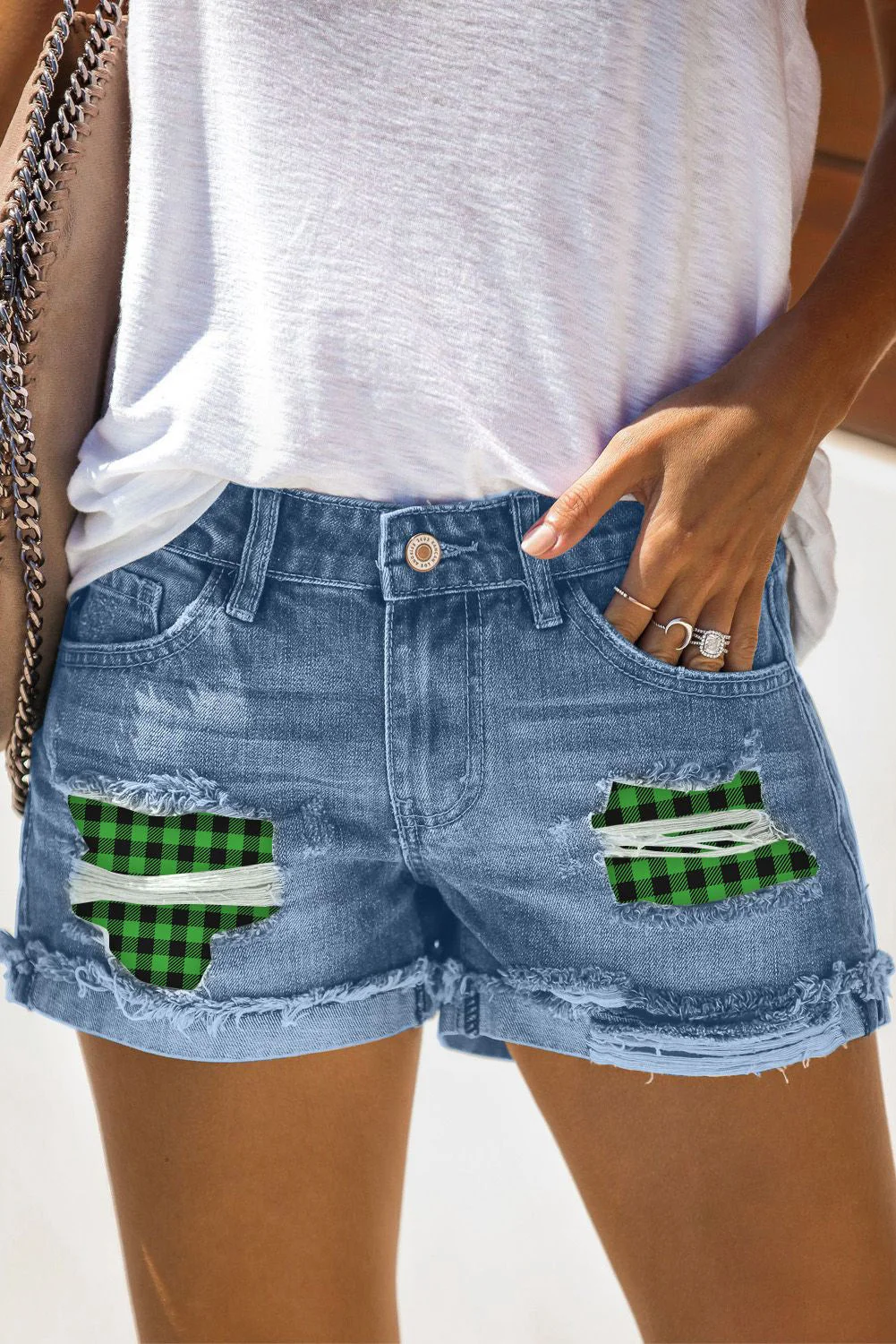 Blue Plaid Casual Denim Short