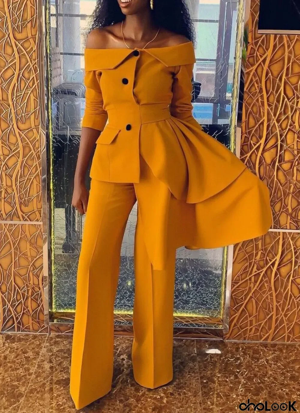 Fall Elegant Yellow off shoulder Irregular Career Blazer Pants Set