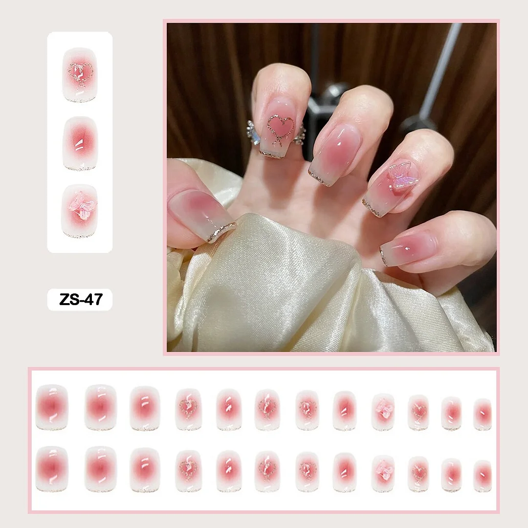 24pcs Artificial Diamond Gradient Fake Nails With Glue Lovely Pink Flesh-colored Nail Art Fake Nails Long With Wearing Tools-Nail Inspo