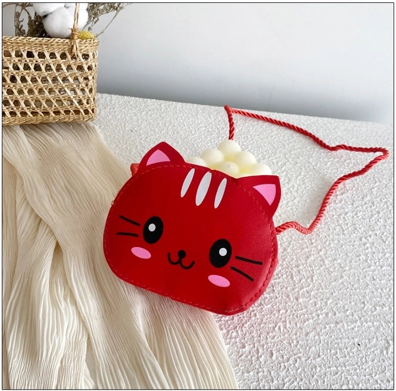Kid’S Small Pu Leather Cat Cute Round Zipper Crossbody Bag