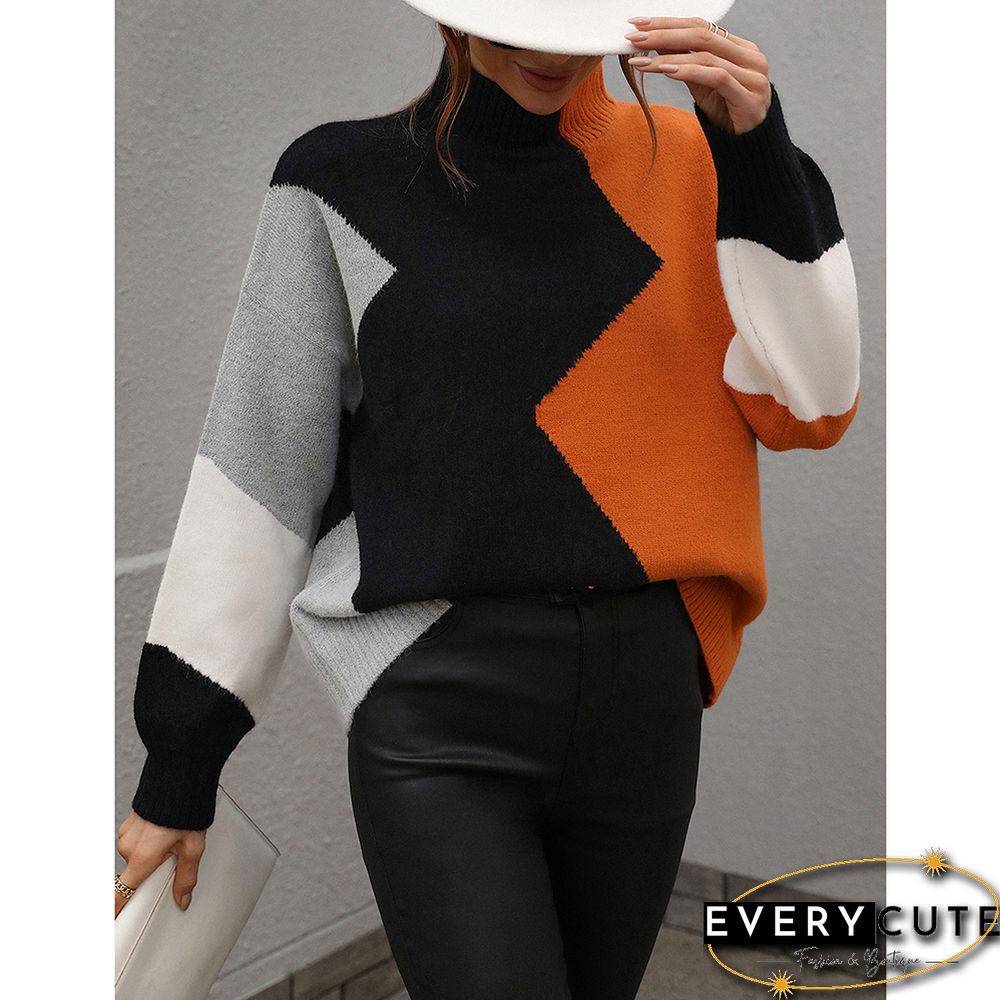 Orange Color Block Crew Neck Knit Pullover Sweater