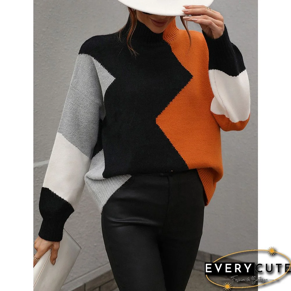 Orange Color Block Crew Neck Knit Pullover Sweater